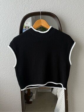 Black Knit Sweater Vest with White Trim